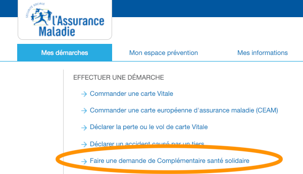 screenshot of Complémentaire Santé Solidaire application option on Ameli's website