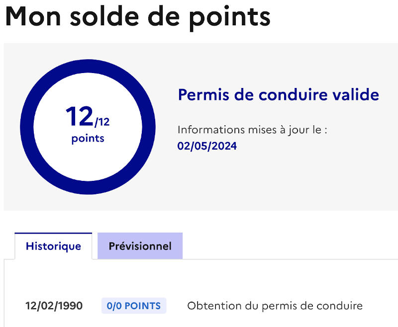 Check you French driver's license point balance on Permis de conduire government'sweb site.